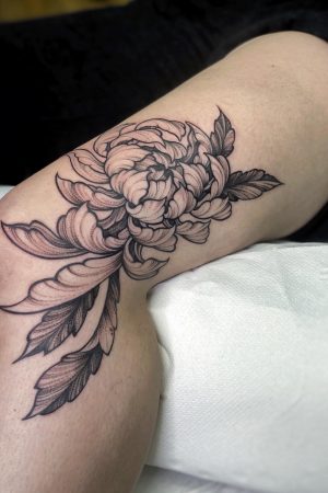 Black Plant Tattoo On Womans Leg